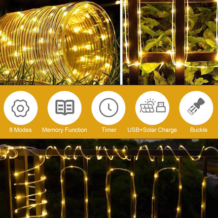 Solar Christmas Lights Outdoor 66 Feet 200 LED Solar Rope Lights with USB Rechargeable 8 Lighting Modes Solar Powered Fairy Lights IP65 Waterproof for Tree Party Garden Wedding Christmas Decorations