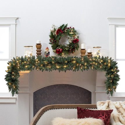9 ft Pre-lit Christmas Garland, Christmas Artificial Garland with 300 Branch Tips for Stairs Wall Door Indoor Outdoor Garland with Battery Operated Timer