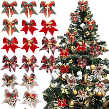 12pcs 3.15inch Christmas Bows Decorations Red Velvet Wreaths Bows with Bells Small Christmas Tree Topper Bows for Wedding Party Farmhouse Decoration Ornaments(B)