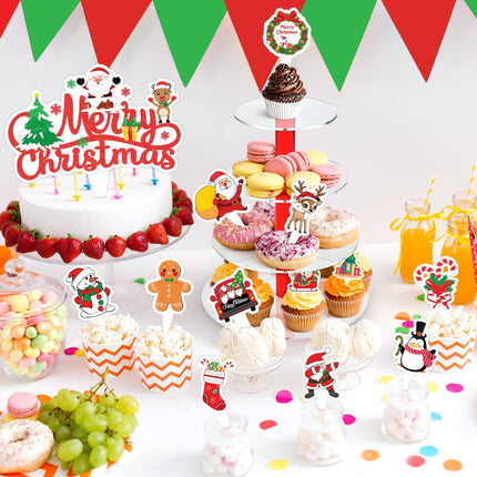 Merry Christmas Cake Topper Picks, 25PCS Xmas Snowflake Snowman Cake Toppers Cake Decorations Santa Claus Theme Birthday Party Supplies Favors Decor Centerpiece Table for Boys Girls Carnival Prizes
