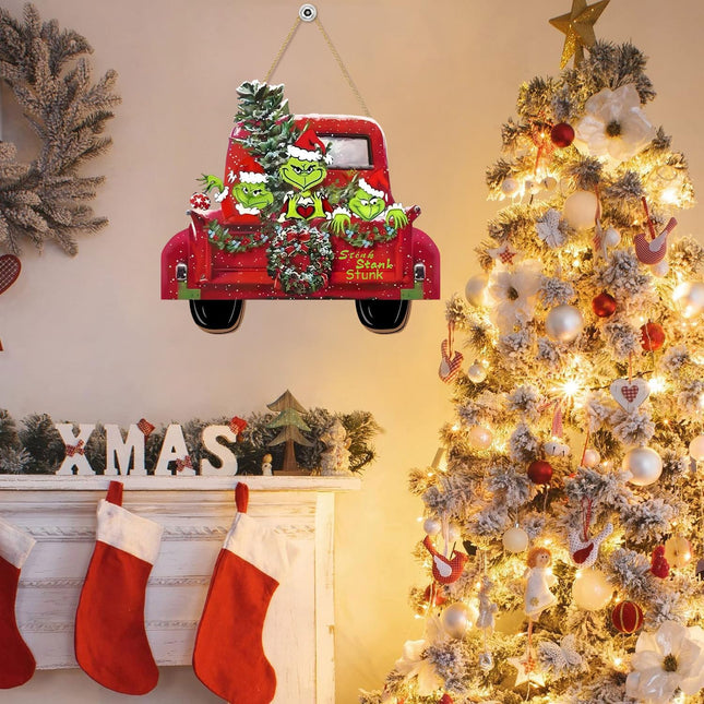 Christmas Door Hanging Sign Decorations, Wooden Christmas Wall Hanging Decor, Truck Wreath Pattern Front Door Signs for Porch Wall Indoor Outdoor Holiday Decor (Green)