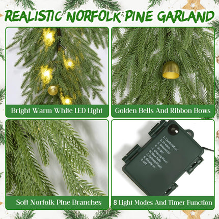 YoleShy 6FT Real Touch Norfolk Pine Garland Christmas Garland with Bell Battery Operated Prelit Garland Christmas Decorations for Mantle Fireplace Xmas Garland Home Decor