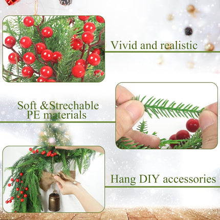 Norfolk Pine Garlands with Red Berries, 6Ft Artificial Soft Christmas Pine Cypress Garland, Green Real Touch Greenery Garland for Table, Mantle, Staires Railing, Indoor/Outdoor Christmas Decorations.