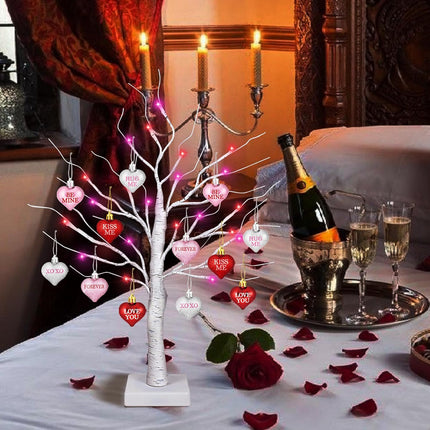 Valentines Day Decorations 24 Inch Lighted Valentines Decor Tree with 12 Heart Ornament, Timer/USB/Battery Operated Valentine's Decoration Tree, Valentines Day Decor for Home Table Bedroom Party