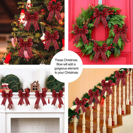 12 Pack Christmas Wreath Bow Buffalo Plaid Bows, Red and Black Christmas Tree Bows Xmas Bows Decoration for Indoor and Outdoor, (8 x 10 Inches)