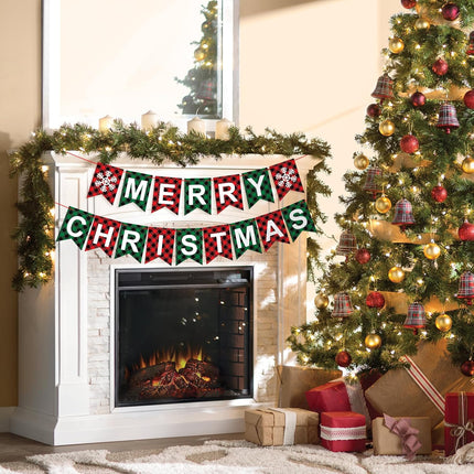 Merry Christmas Banner, Red Green Buffalo Plaid Check Holiday Garland, Rustic Snowflake and Letter Bunting, Fun Wall Mantel Hanging Christmas Decorations for Home, Office, and Xmas Party Supplies