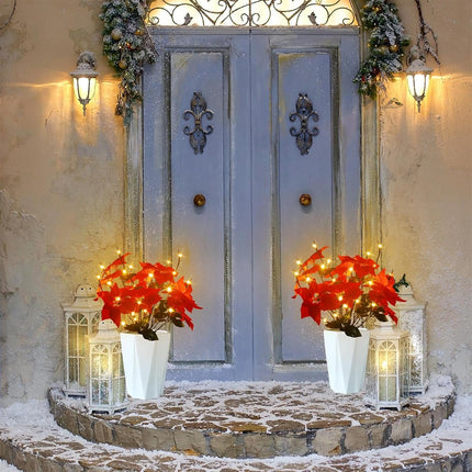 Christmas Decorations Set for Home Indoor Outdoor, Christmas Artificial Red Poinsettia Flowers Bouquet with Lighted Tree Twig Branches Light, Battery Operated with Timer, Decorative Sticks Vase Filler