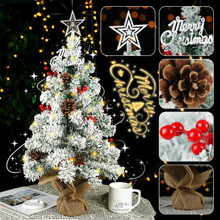 24 Inch/2 FT Mini Christmas Tree Blind Box, Small Tabletop Flocked Tree with LED Lights, Pine Cones, Star Tree Topper, Snow Flocked Artificial Pine Xmas Tree,Mini Box and Cloth Bag Base
