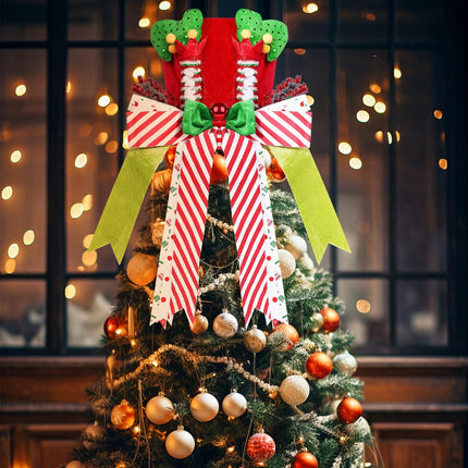 Christmas Tree Topper Hat, Elf Legs Xmas Tree Toppers Large Red Velvet Hat with Lengthened Bowknot, Christmas Tree Ornaments for Christmas Holiday Home Decoration