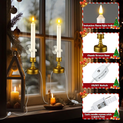 Enhon 3 Pack 2 in 1 Electric Window Candles with Connectable Plug and Suction Cups, 110V Plug in Electric Flameless Candle with On/Off Switch, Christmas Candle for Holiday Window Decor
