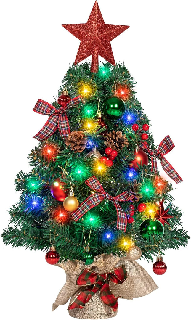 24In Tabletop Christmas Tree, Mini Christmas Tree with 35 LED Lights DIY Ornaments Star Treetopper, Small Xmas Artificial Tree for Holiday Indoor Christmas Decoration (Classic Red)