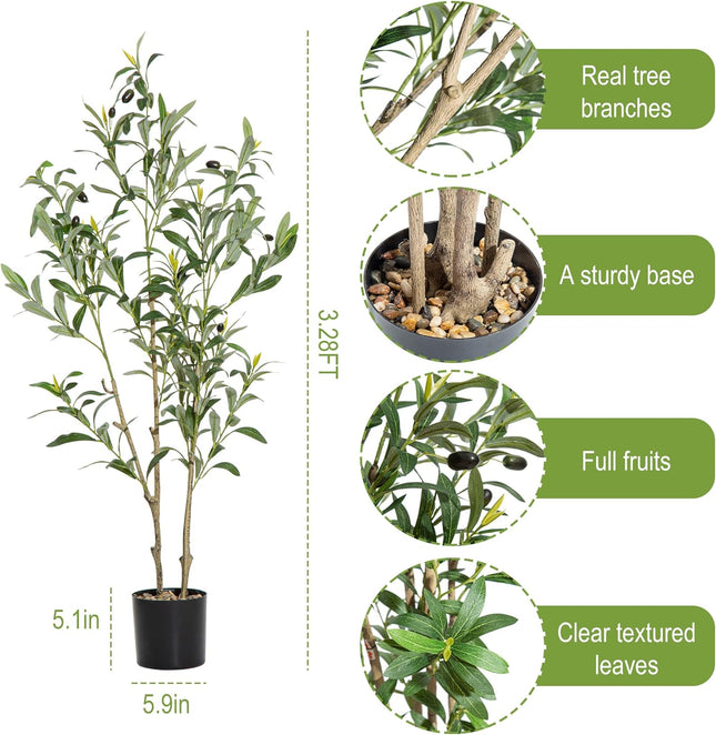 Artificial Olive Tree 3.2ft Tall with Natural Wood Trunk and Lifelike Fruits,Artificial Tree Faux Silk Plant for Home Office Decor Indoor Faux Tree-Set of 2