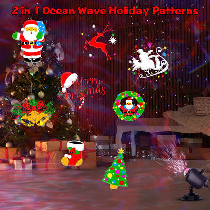 Christmas Projector Lights Outdoor, Brightness Increase 50% HD 2-in-1 Ocean Wave Snowflake LED Holiday Projector Lights Indoor 96 Patterns, Memory Function Waterproof 12 Slides for Party Garden...