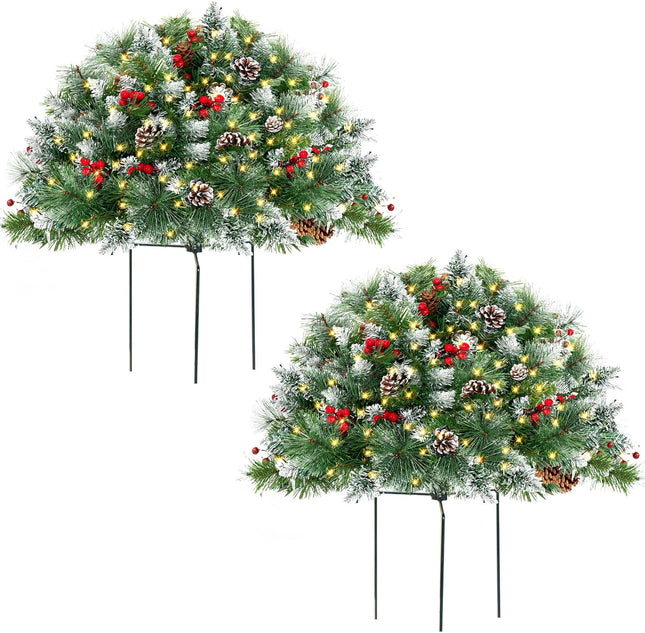 Outdoor Christmas Tree Frosted Urn Filler 2 Set, Pre-lit Artificial Flocked Xmas Tree with Cones & Red Berries, Small Christmas Tree with 70 Warm Lights