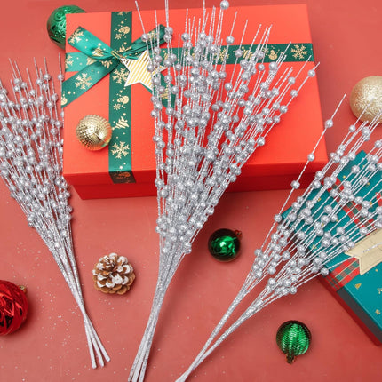 24 Pack Silver Christmas Tree Picks and Sprays, Artificial Glitter Berry Stems Branches for Christmas Tree Ornaments Glittery Bead Twigs for Holiday Party Garland DIY Xmas Berries Decorations