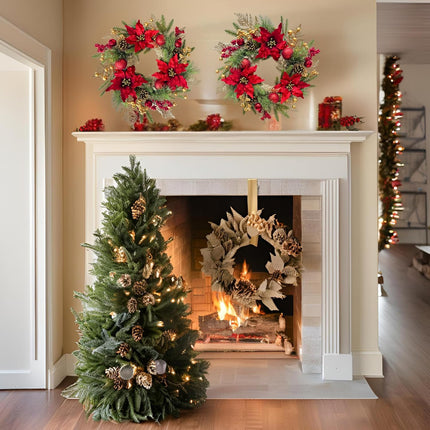 22 Inch Lighted Golden Glitter Christmas Wreath with Red Artificial Poinsettia Flowers Ball Ornaments Golden PineCones Berries for Door Wall Window Fireplace Holiday Decorations
