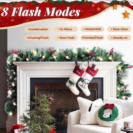 Christmas Garland with Lights, 9FT Artificial Lighted Garland Indoor for Stairs, Fireplace, 50 Lights Green Garland, Pine Cones & Red Berries & Pine Needle