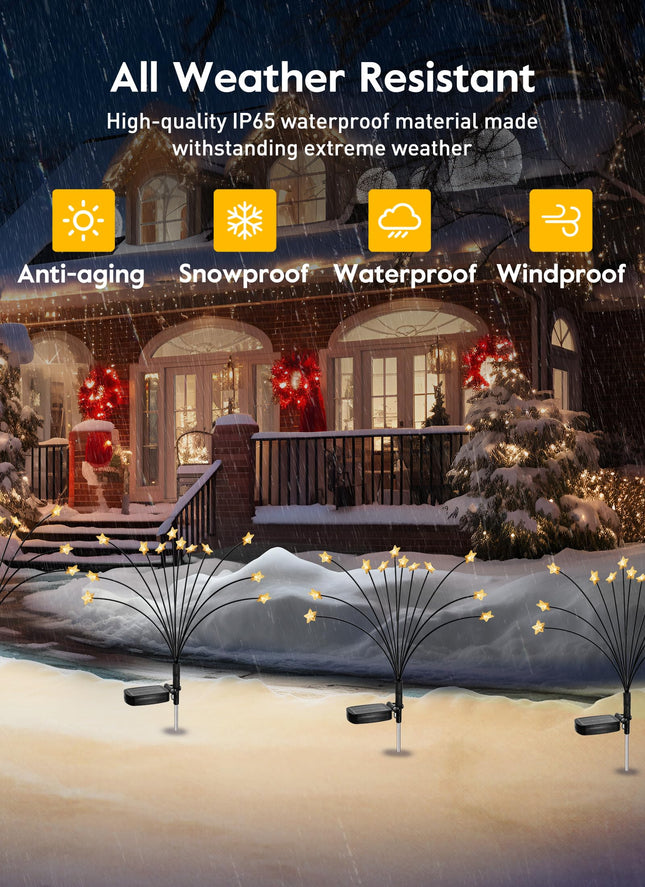 Star Christmas Pathway Lights - 4 Pack 48 LED Firefly Solar Garden Lights with 2 Lighting Modes, Waterproof Solar Walkway Lights, Solar Christmas Lights Decoration for Yard Lawn Walkway, Warm White