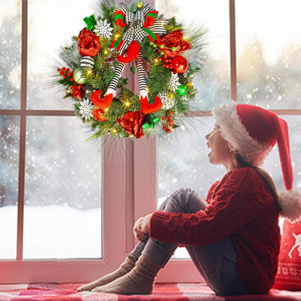 GAOMON 24 Inch Pre-lit Christmas Wreath for Front Door, Red Green Battery Operated Xmas Wreath with 20 LED Lights, Elf Legs Boot, Ball Ornaments, Flowers & Ribbon Bows for Home Holiday Decor