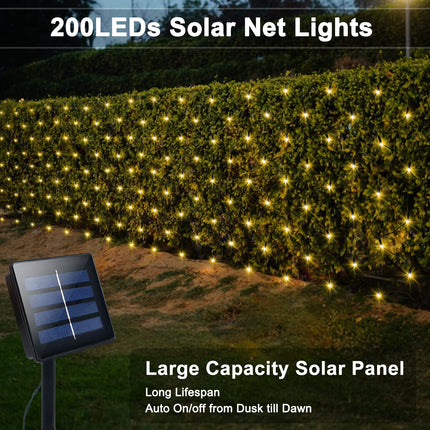 Solar Net Mesh String Lights Outdoor Waterproof 9.8ft x 6.6ft 200 LEDs Tree-wrap Lights,Dark Green Cable,8 Modes Outdoor Mesh Lights for Party Christmas Wedding Garden Home Patio Lawn - Warm White