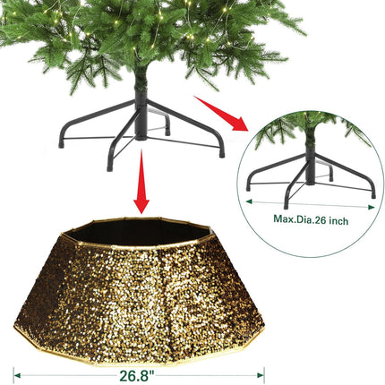 Sequin Christmas Tree Collar, Sparking Christmas Tree Base Cover, 26" D Foldable Dazzling Handcrafed Christmas Tree Ring for Christmas Tree Decoration (Gold Sequins, Diamond)