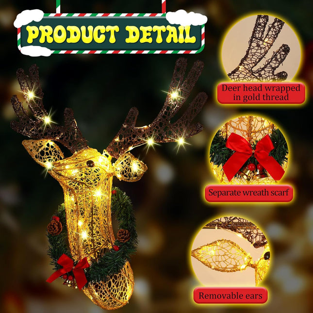 Christmas Light up Wall Decor Deer Head, 28 Inch 3D Hanging Garland, Large Lights up Reindeer Head for Door Window Christmas Holiday Indoor Outdoor Decor, Battery Operated, 8 Modes