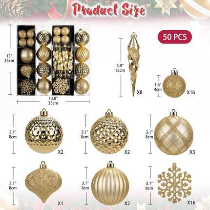 50PCS Christmas Tree Ornaments Set with Shatterproof Christmas Balls Icicle Snowflake Hanging Ornaments for Home Office Farmhouse Christmas Decorations, Gold