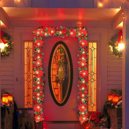 Twinkle Star 2 Pack Pre-Lit Christmas Poinsettia Garland with Red Berries and Holly Leaves, 6 FT Velvet Artificial Flower Xmas String Lights, Battery Operated Cordless Indoor Outdoor Home Decorations