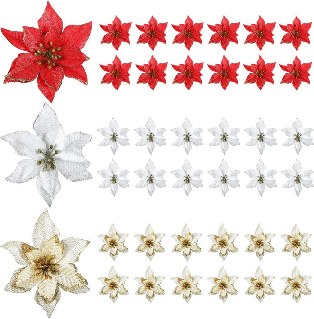 WILLBOND 45 Pieces Christmas Poinsettia Decorations Glitter Poinsettia Flowers Christmas Tree Flowers Red Gold White Silver for Xmas Tree Ornaments, 5 Inch