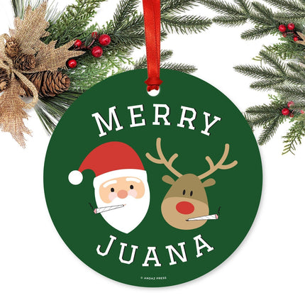 Andaz Press Marijuana Pot Cannabis Weed Round Metal Christmas Ornaments, Merry Juana Reindeer Smoking Pot Cigarette, Includes Ribbon and Bag, Stoned Stoner Weed Christmas Ornaments