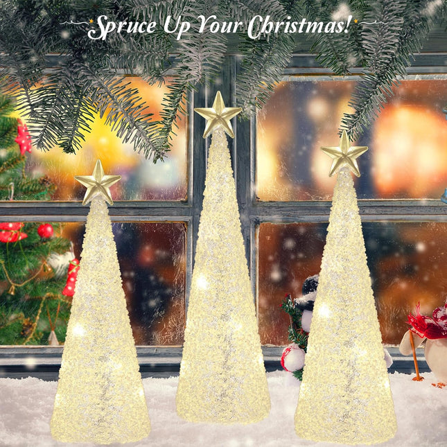 Lewondr LED Glass Christmas Tree Tabletop with Glitters & Beads Warm Yellow Light, 3 PCS 6H Timer Battery Operated Christmas Table Lamps Ornaments for Xmas Table Decorations Holiday Season Decor