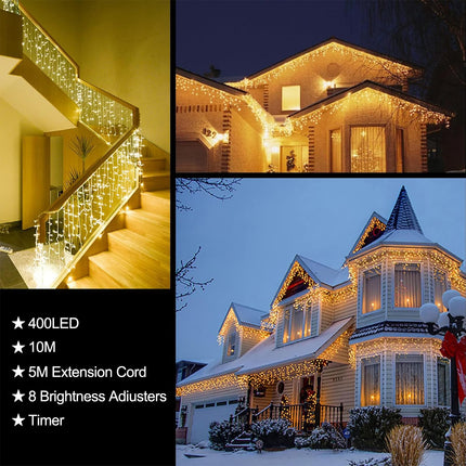 Outdoor Icicle Christmas Lights, 32.8 Ft 400 LED Icicle Lights, Waterproof Plug Fairy Tale String Lights with 8 Mode Timer for House Holiday Eaves Patio Party Room Indoor Decoration (Warm White)