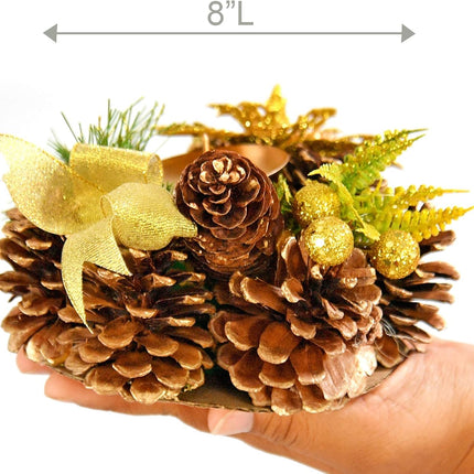 HOME-X Golden Pinecone Christmas Wreath Candle Holder, Artificial Advent Wreath, Winter Home Decorations, (6” Diameter)