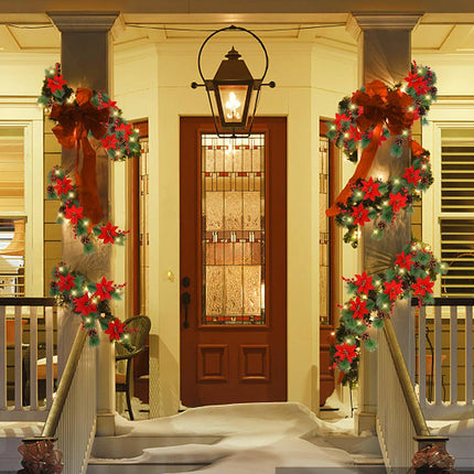 Christmas Garland 6.8FT Real Touch Norfolk Pine Garland Poinsettia Christmas Mantle Garland with 30 Lights Red Berry Cones for Fireplace Party Holiday Door Table Staires Railing Decor