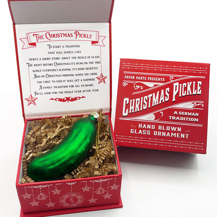 German Christmas Pickle Ornament Tradition Decor - Green Glass Tree Decoration - Boxed with Story & Legend