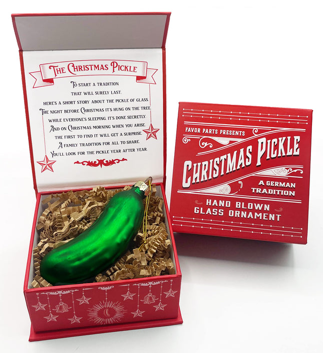 German Christmas Pickle Ornament Tradition Decor - Green Glass Tree Decoration - Boxed with Story & Legend