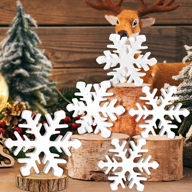 5Pcs Snowflake Christmas Table Decorations, White Distressed Wooden Snowflakes Tabletop Christmas Centerpieces Winter Farmhouse Tiered Tray Decor for Xmas Holiday Party Supplies Home Mantel Decor