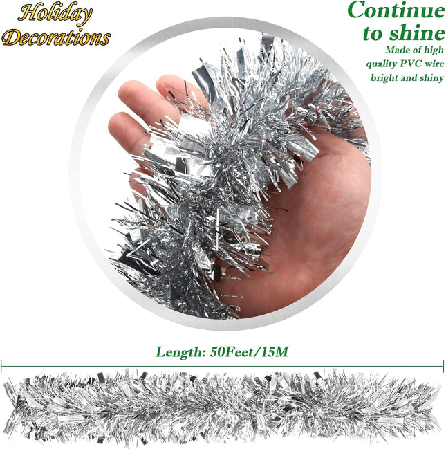 50FT Silver Christmas Tinsel Garland - Metallic Tinsel Twist Garland for Christmas Tree Decorations, Xmas Tree Decor Home Indoor Holiday Party Supplies