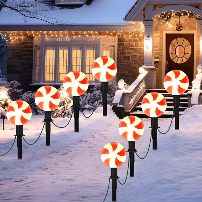 C9 Christmas Pathway Lights Outdoor - 7FT Christmas String Light with 4 Lollipop LED Marker Lights, Red and White Christmas Candy Landscape Lights for Garden Lawn Party Decor - 2 Pack