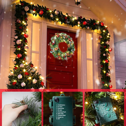 24 Inch Pre-Lit Artificial Christmas Wreath, Battery Operated LED Christmas Wreath with Pine Needles Branches Hari Leaves Red Berry Pine Cones Lighted Wreath for Front Door Wall Windows X-mas Ornament