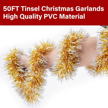 50 Feet Gold/White Christmas Tinsel Garland, Metallic Hanging Tinsel Streamers Garland for Christmas Decorations, Garland for Christmas Tree Birthday Party Indoor and Outdoor