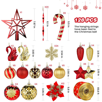 128pcs Christmas Balls Ornaments Set, Shatterproof Plastic Baubles Christmas Flowers, Ribbon and Tree Topper for Xmas Tree Holiday Wedding Party Decorations with Hanging Strings, Red and Gold