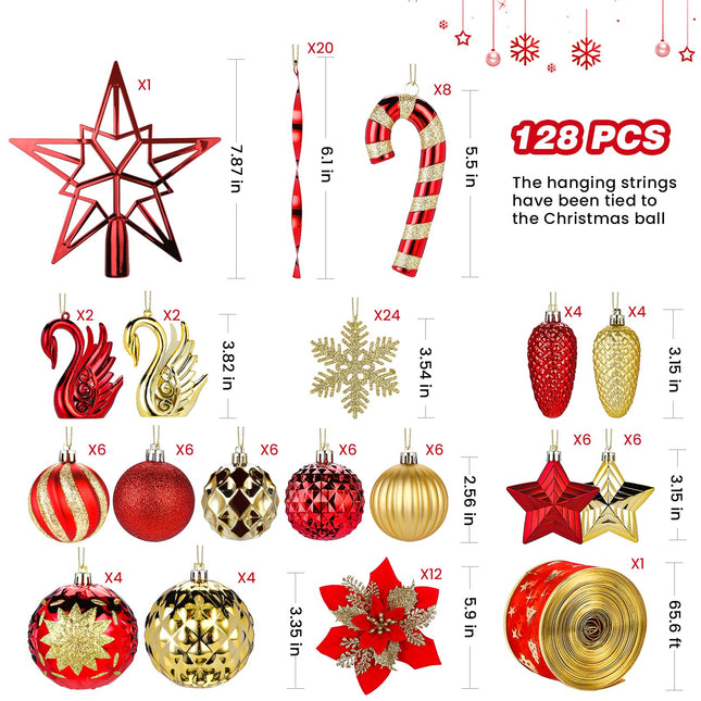 128pcs Christmas Balls Ornaments Set, Shatterproof Plastic Baubles Christmas Flowers, Ribbon and Tree Topper for Xmas Tree Holiday Wedding Party Decorations with Hanging Strings, Red and Gold