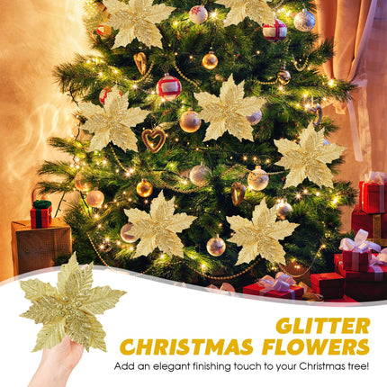IMIKEYA Christmas Glitter Poinsettia Flowers：10PCS Christmas Tree Flowers 9.8" Christmas Artificial Flowers Poinsettia Flower Faux Christmas Flowers for Xmas Tree Wedding Party Wreath Decor