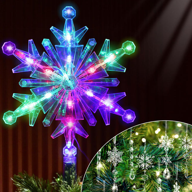 13 Pcs Christmas Snowflake Star Tree Topper Lighted Xmas Treetop with Hanging Icicle Crystal Christmas Tree Ornaments,Christmas Tree Decorations Year Party Supplies(Colorful, Fresh)