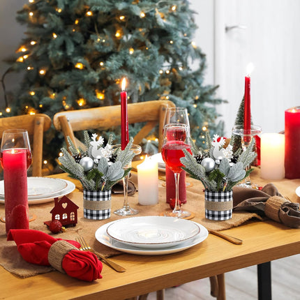 2 Pcs Christmas Table Centerpiece Buffalo Check Plaid Christmas Table Tree Mini Tabletop Artificial Decorations Small Christmas Centerpiece for Winter Home(Black and White)