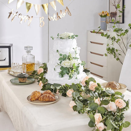 Flower Garland, Artificial Rose Vine Flowers with Green Leaves, Hanging Fake Roses Vine for Room Anniversary Wedding Birthday Christmas Wall Arch Decor, 2 Vines Champagne Floral Garland