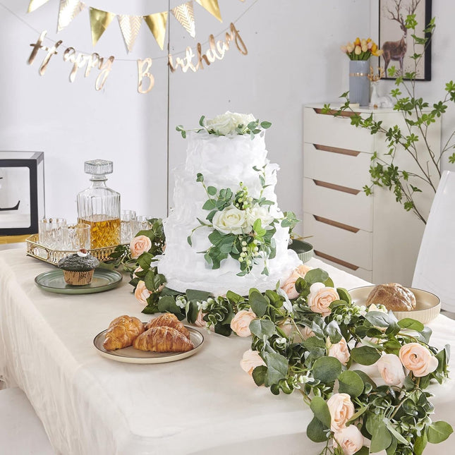 Flower Garland, Artificial Rose Vine Flowers with Green Leaves, Hanging Fake Roses Vine for Room Anniversary Wedding Birthday Christmas Wall Arch Decor, 2 Vines Champagne Floral Garland