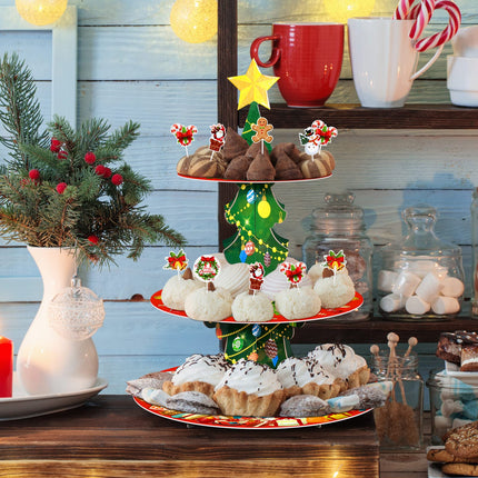 Christmas Cake Stand 3 Tier Christmas Dessert Stand Holder with 24 Pcs Cake Toppers Xmas Cake Tower Tray Cardboard Pastry Serving Tray Stand for Xmas Year Party Decoration Supplies