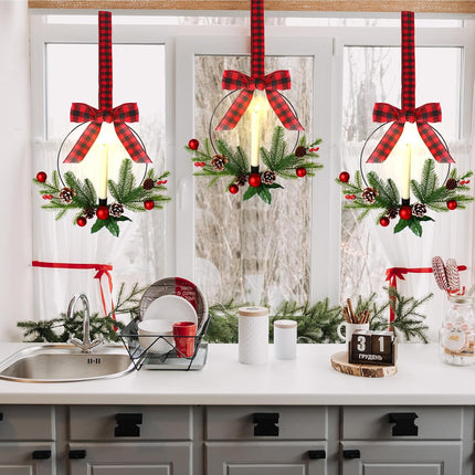 Lighted Christmas Kitchen Cabinet Wreath with Ribbon Bow Xmas Wreath LED Lights Farmhouse Artificial Cabinet Hanging Artificial Wreath Christmas Decorations for Door Wall Christmas Party
